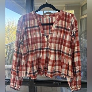 Pilcro Orange and Blue Plaid Long Sleeve Blouse